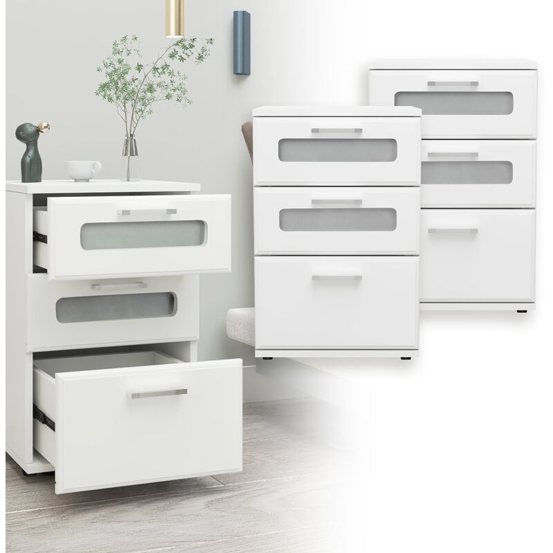 Mldesign 2x Mesitas noche con 3x 40 60 38cm blanco auxiliar inserto vidrio lisa madera mueble cajonera consola estante decorativa para dormitorio 3 40x60x38cm 2