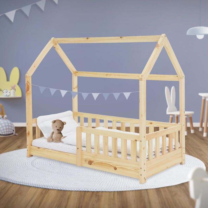 Cama infantil con reja protectora estructura madera pino natural cuna 140x70cm