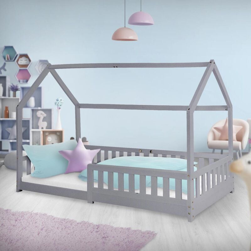 Cama infantil reja protectora estructura madera pino gris claro cuna 200x90cm