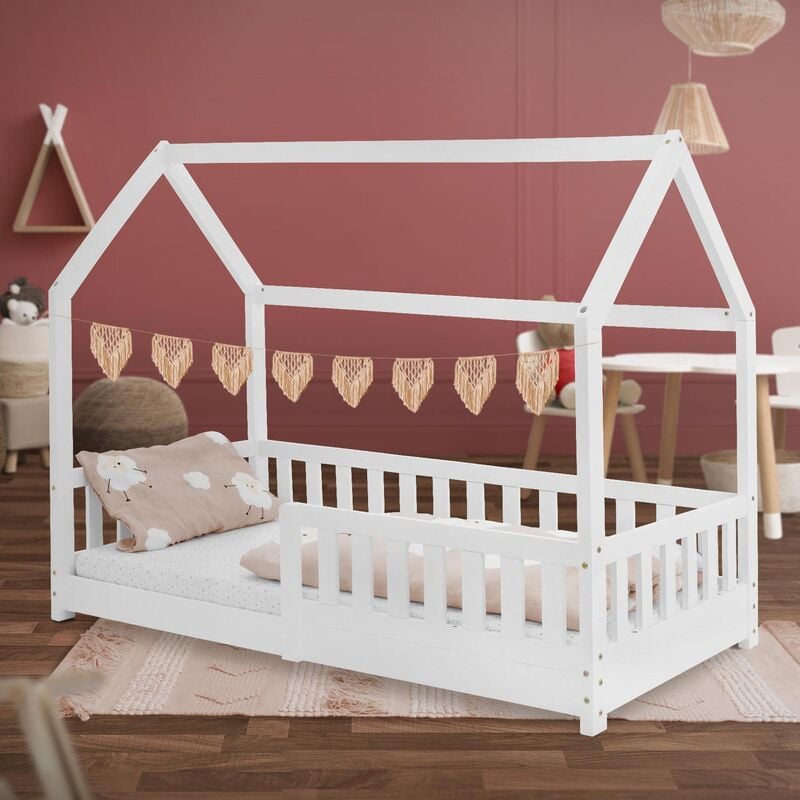 Cama infantil blanca en madera de pino con protección anticaída 160x80 cm