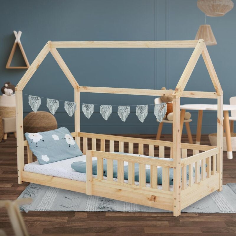 Cama infantil en madera de pino natural con protección anticaída 160x80 cm