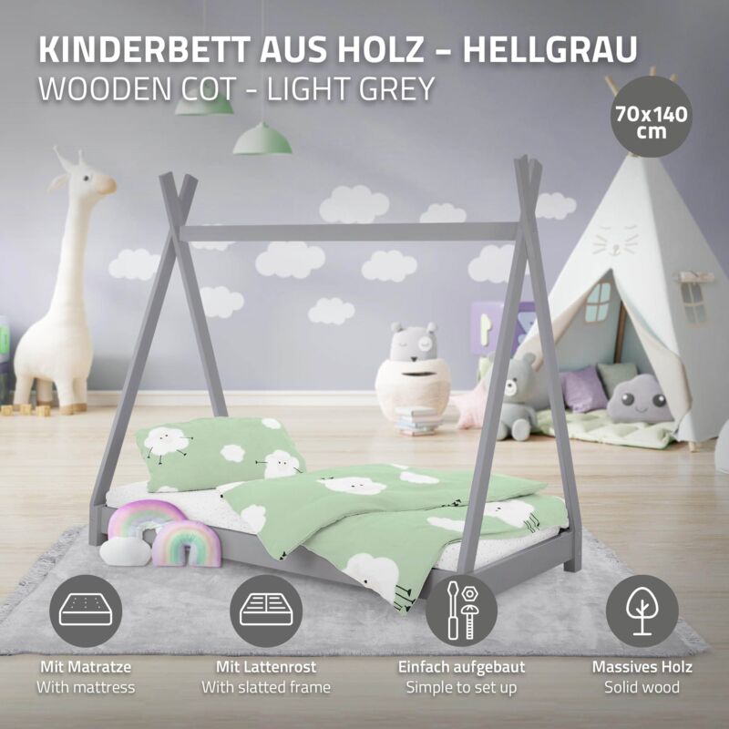 ML-Design Cama Infantil Tipi Natural Con Colchón De Espuma Fría  Hipoalergénico 70x140 cm Somier Estructura Listones De Madera Maciza De  Pino Para Niñas Y Niños Forma De Tienda Indio Cuna Juvenil