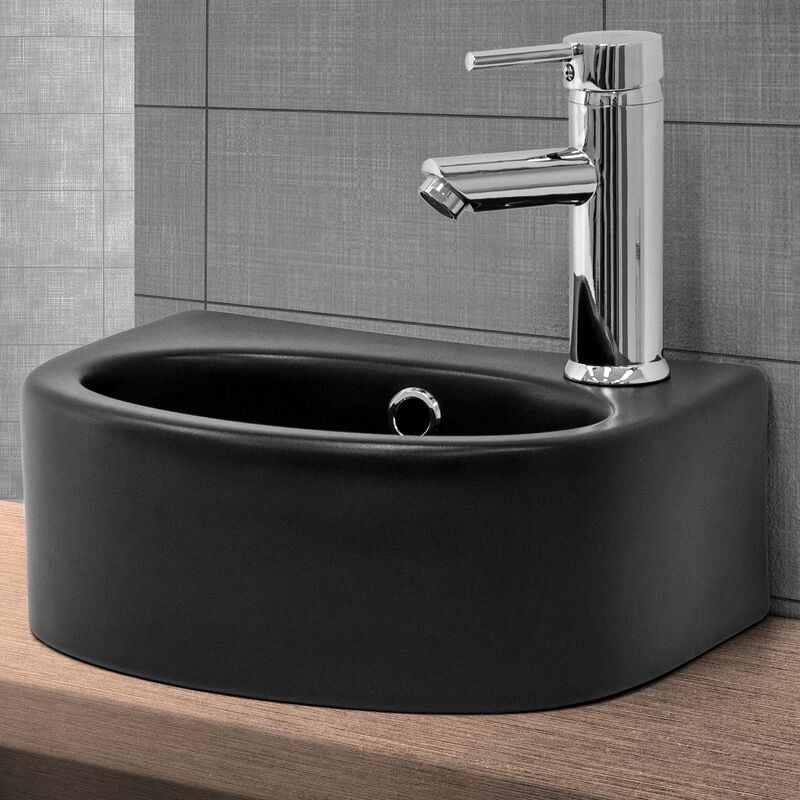 Lavabo Negro Moderno fregadero sobremesa orificio grifo 335x255 mm mldesign mate 335x255x13cm con rebosadero agujero desagüe