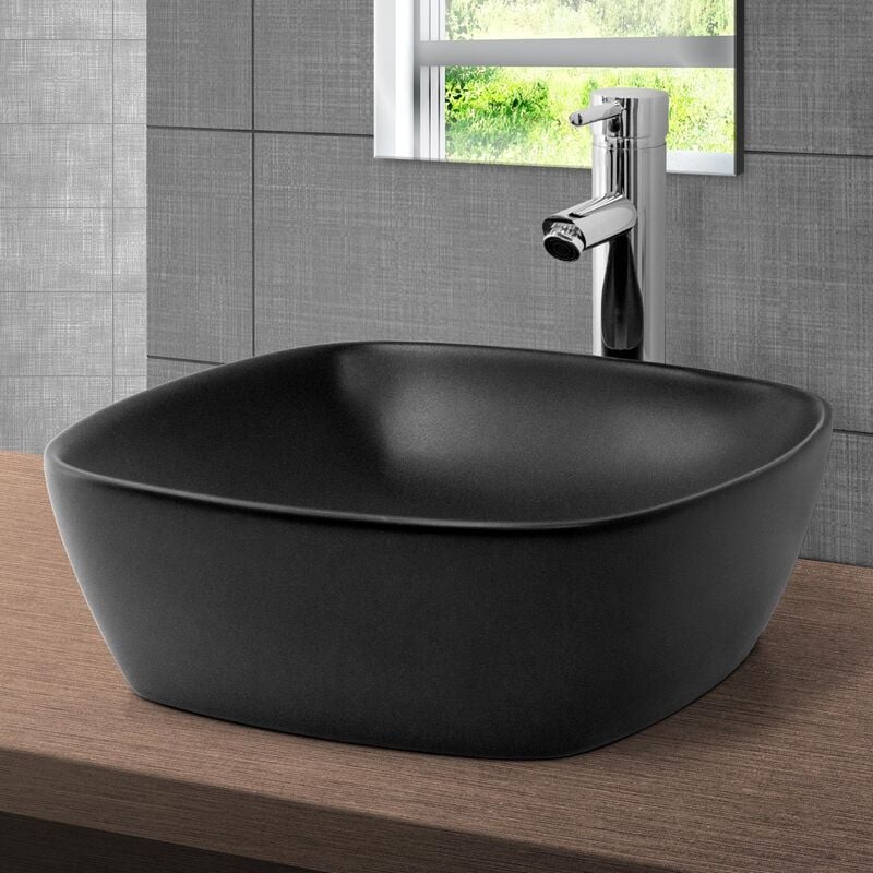 Lavabo Negro Esquinas redondeadas fregadero sobremesa 405x405x150 mm mldesign 405 150 con agujero desagüe