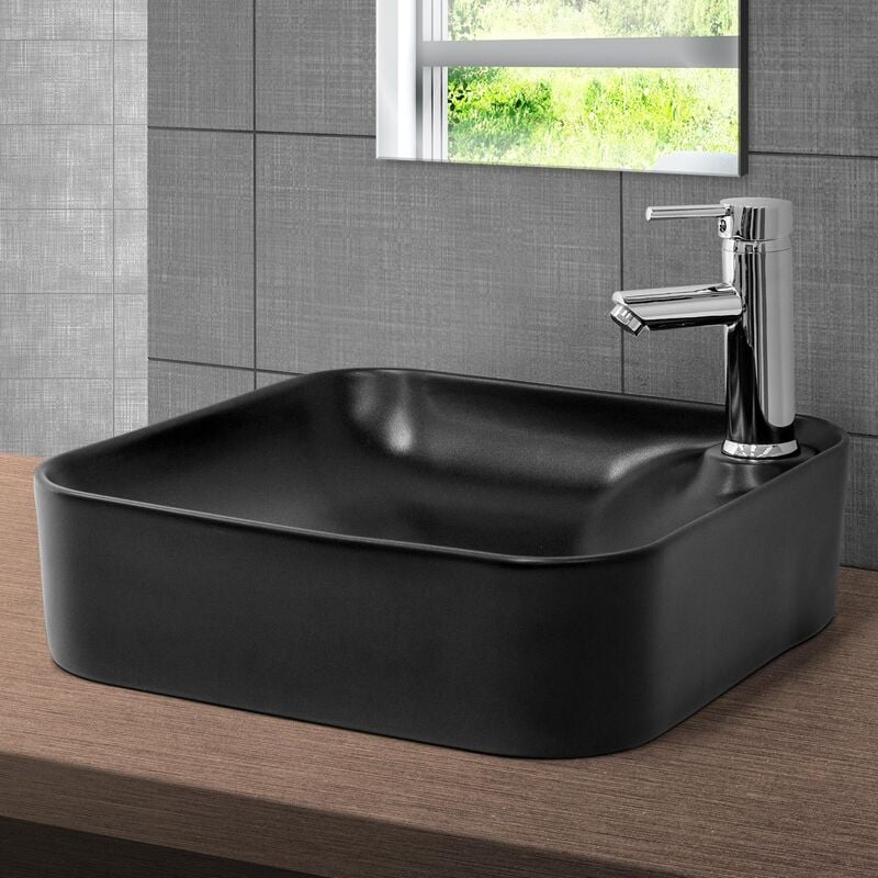 Mldesign Lavabo Negro esquinas redondeadas 430 120 mm con agujero desagüe orificio para grifo lavaman cuadrado fregadero 430x430x120