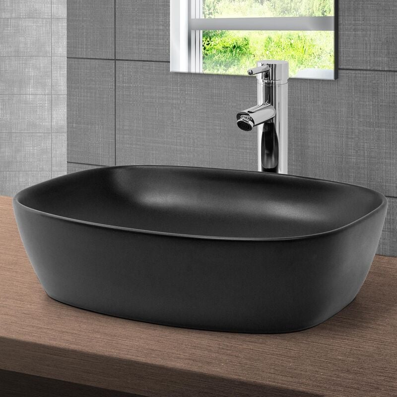 Lavabo Negro Esquinas redondeadas fregadero sobremesa 505x385x140 mm mldesign mate con agujero desagüe lavamanos moderno