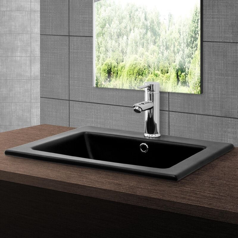 Mldesign Lavabo Negro mate rectangular 450x420x225 mm con agujero desagüe orificio para grifo lavamanos moderno encastrado 525 450 210