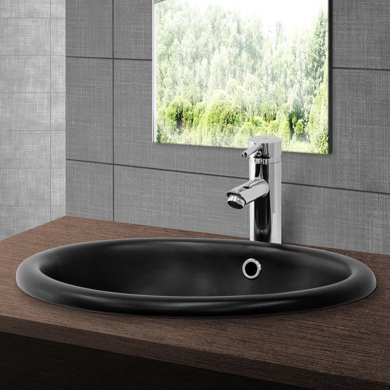 Lavabo negro de cerámica ovalado moderno encastrado aseo 490 x 405 x 195 mm