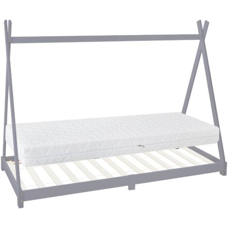 ML-Design Cama Infantil Tipi Gris Claro 90x200 cm + Colchón de Espuma Fría 16cm y Somier de Listones, Cuna de Suelo Juvenil de Madera Maciza de Pino, Lecho para Niño y Bebé, Casa Tienda de Campaña Jue (1/5)