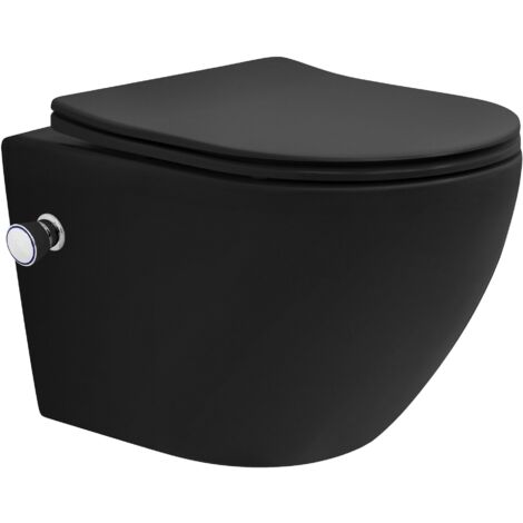 LuxeBath WC Suspendido con Función Bidé Negro de Cerámica, Inodoro Colgante 49 cm Corto con Cierre Suave Descarga Profunda de Tornado para Baño, Wáter con Asiento Extraíble y Tapa Brillante Softclose (1/5)