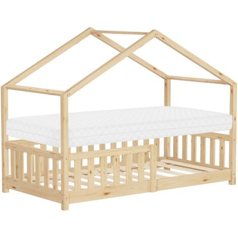 ML-Design Cama Infantil Casa 80x160 cm Madera Natural Maciza de Pino con Colchón, Casita Estilo Montessori con Somier de Láminas, Techo y Protección Anticaída, Cuna Baja de Suelo Litera para Niños (1/5)