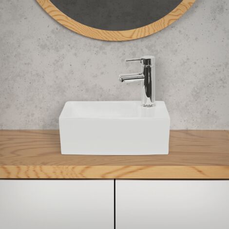 ECD Germany Lavabo Cerámico Cuadrado con Agujero Conexión Estandar - Blanco - Lavamanos Sobre Encimera - 350 x 205 x 125 mm - Diseño Moderno - Fregadero sin Juego de Desagüe - Realza cada Baño o Aseo