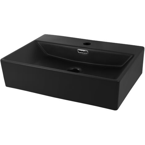 ML-Design Lavabo Sobre Encimera - 515 x 360 mm - Cerámica - Diseño Cuadrado - Lavadero Negro Mate - Lavamanos Sobremesa Sanitario Baño o Aseo - Moderno y Elegante - Sin Válvula de Desagüe (1/5)