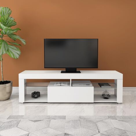 ML-Design Mesa de TV de Madera en Blanco 140x51x35 cm Gabinete para  Televisón Mueble Moderno con Espacio de Almacenamiento Tablero de Pie con 2  Estantes de Vidrio Abiertos