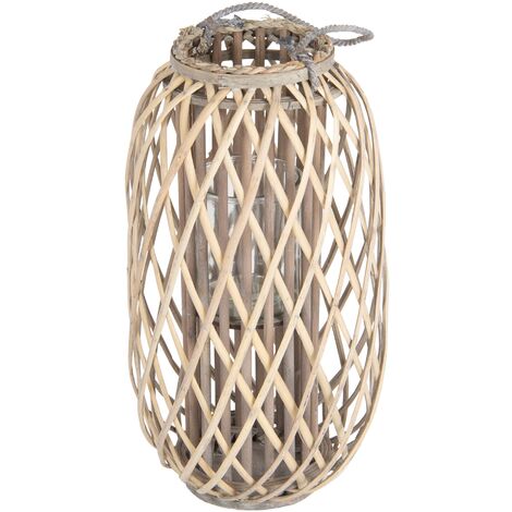 ECD Germany Farola Portavelas 50 x Ø 28 cm Estilo Ratán con Aspecto de Mimbre de Caña Natural Tejido Trenzado Robusto gris/marrón Luz de Vela Decorativa para Mesa en Terraza Salón Jardín (1/5)