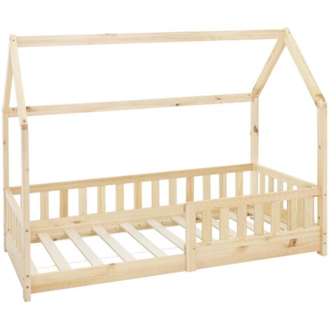 ML-Design Cama Infantil Casa Natural 80x160 cm de Madera de Pino con Protección Anticaída, Techo y Somier Estructura de Listones, Cuna de Suelo Maciza, Lecho Casita de Juego para Niño y Bebé (1/5)