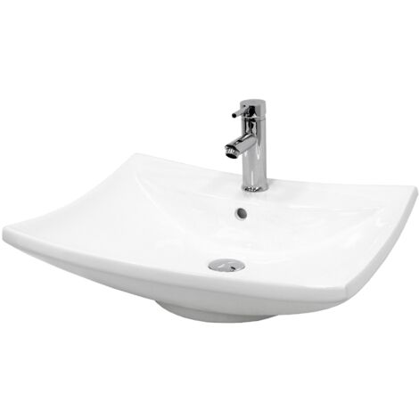 Lavabo De Cerámica Colgante O Sobre Encimera, 60x51 Cm, Blanco, Moderno, Con Dos Agujeros