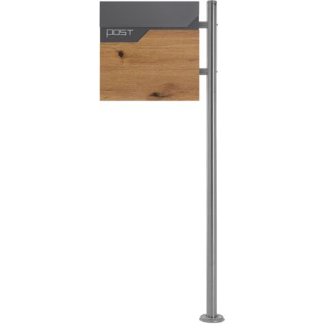 ECD Germany Buzón de Correo Antracita / Madera con Soporte Lateral Plateado para Cartas con Compartimento para Periódico 37 x 37 x 11 cm Acero Inoxidable con 2 Llaves con Solapa Moderno con Pedestal (1/5)