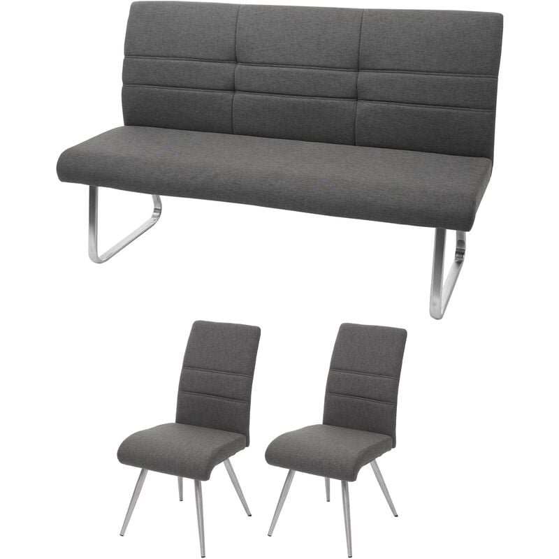 NEUWERTIG] Set 2x Esszimmerstuhl+Sitzbank HHG-708, grau-braun Edelstahl 160cm Küchenstuhl Bank Bank Stuhl, Stoff/Textil
