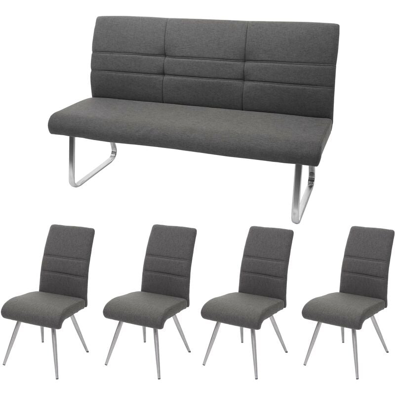 [NEUWERTIG] Set 4x Esszimmerstuhl+Sitzbank HHG-708, Bank Küchenstuhl Stuhl,  Stoff/Textil Edelstahl grau-braun Bank 160cm
