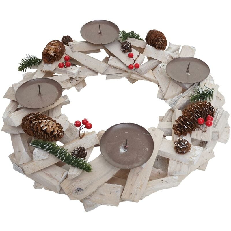 Tischkranz rund, Weihnachtsdeko Adventskranz, Holz Kerzen ohne 40cm Ø weiß-grau