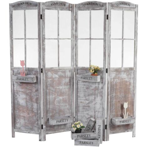 Paravent HHG-599, Raumteiler Trennwand Sichtschutz, Pflanzkörbe 4 Paneele, Shabby-Look 170x180x22cm, braun-grau