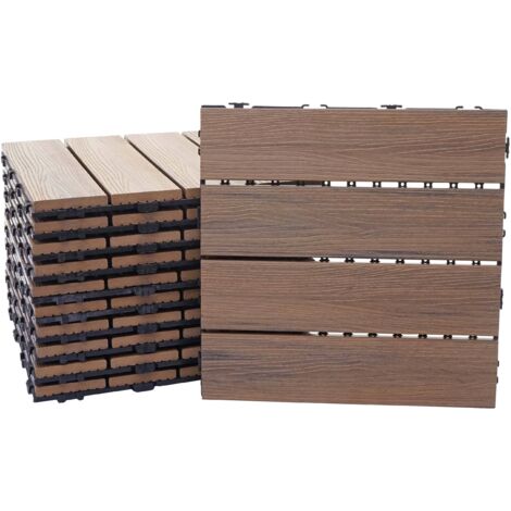 [NEUWERTIG] WPC Bodenfliese HHG-169, Holzoptik Balkon/Terrasse, 3D-Struktur linear 11x je 30x30cm = 1qm, geprägt-braun