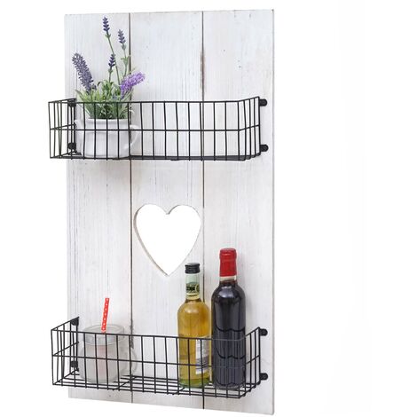 [NEUWERTIG] Wandregal HHG-810, Wandpaneel Holzregal Regal mit Körben, Massivholz weiß shabby, 70x40x10cm
