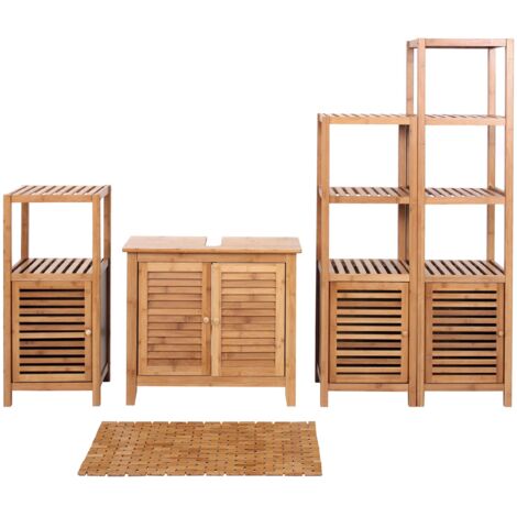 [NEUWERTIG] Badezimmerset HHG-556, Komplett Badezimmer Badmöbel Badset Badschrank mit Tür, Bambus (1/5)
