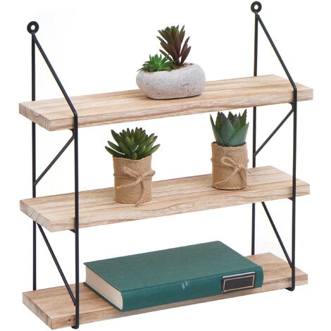 [NEUWERTIG] Wandregal HHG-627, Hängeregal Schweberegal Regal, 3 Regalböden Metall Massiv-Holz Industrial 40x40x13cm natur