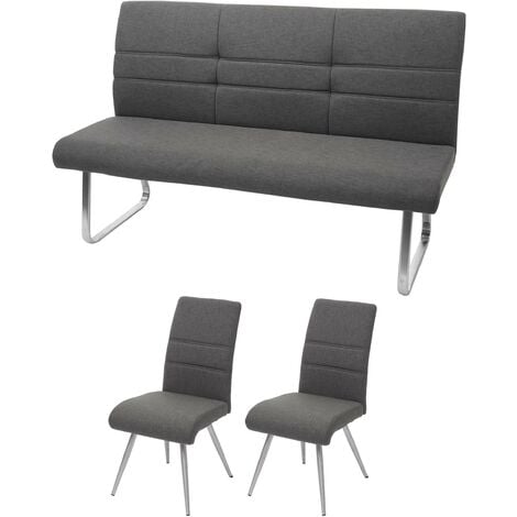 NEUWERTIG] Set 2x Esszimmerstuhl+Sitzbank HHG-708, Bank Küchenstuhl Stuhl,  Stoff/Textil Edelstahl grau-braun