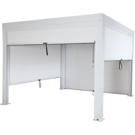 Pergola HHG-263 mit Seitenwand, Gartenpavillon Lamellen-Pavillon Rollo, 11cm-Alu-Gestell, sturmfest 3x3m weiß