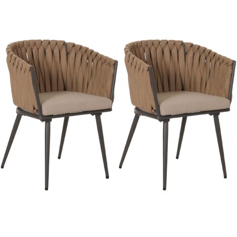 2er-Set Aluminium-Gartenstuhl HHG-418, Outdoor Stuhl Armlehne, Olefin Seilgeflecht Rope beige Kissen hellbraun