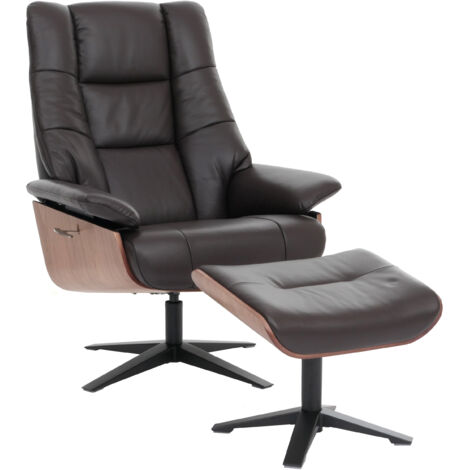 MCA Relaxsessel + Hocker HHG-240, Fernsehsessel Liegesessel, Holz Echtleder braun (1/5)