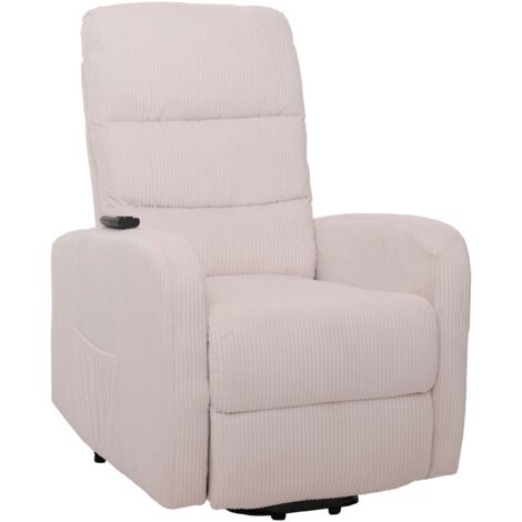 Fernsehsessel HHG-712, Relaxsessel TV-Sessel Liege, Liegefunktion Aufstehhilfe, Metall Stoff/Textil Cord creme-weiß