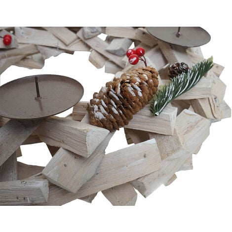 Tischkranz rund, Weihnachtsdeko Adventskranz, ohne Ø Kerzen weiß-grau Holz 40cm