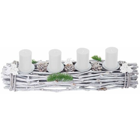 Adventsgesteck länglich, Weihnachtsdeko Adventskranz, Holz 60x16x9cm weiß-grau mit Kerzen, weiß