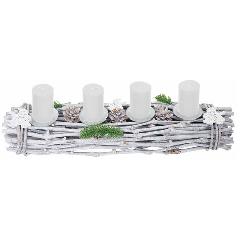 Adventsgesteck länglich, Weihnachtsdeko Adventskranz, Holz 60x16x9cm weiß-grau mit Kerzen, weiß
