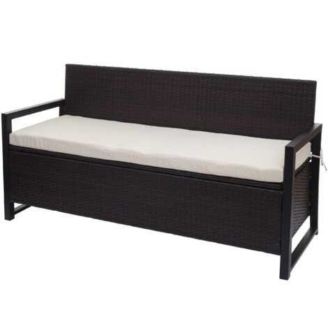 Poly-Rattan 3er Sitzbank HHG-596, Gartenbank Truhenbank, Staufach Aufbewahrung Sitzkissen braun, Kissen creme