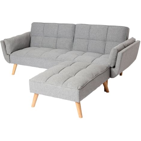 Schlafsofa HHG-546 mit Ottomane, Couch Sofa Gästebett, Schlaffunktion 218x175cm Stoff/Textil hellgrau