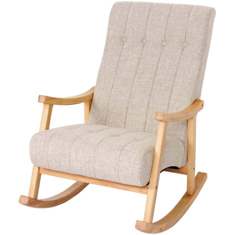 Schaukelstuhl HHG-624, Schaukelsessel Schwingstuhl Relaxsessel MVG Stoff/Textil creme, Gestell braun