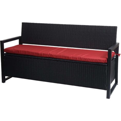 Poly-Rattan 3er Sitzbank HHG-596, Gartenbank Truhenbank, Staufach Aufbewahrung Sitzkissen anthrazit, Kissen bordeaux