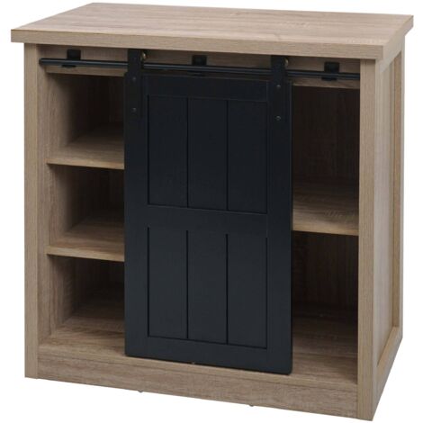 Kommode HHG-119, Schrank Regal, Schiebetüre 5 Staufächer, Holz-Optik Industrial Metall 84x80x40cm naturfarben