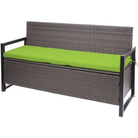 Poly-Rattan 3er Sitzbank HHG-596, Gartenbank Truhenbank, Staufach Aufbewahrung Sitzkissen grau-meliert, Kissen grün