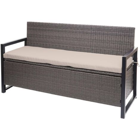 Poly-Rattan 3er Sitzbank HHG-596, Gartenbank Truhenbank, Staufach Aufbewahrung Sitzkissen grau-meliert, Kissen beige