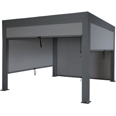 Pergola HHG-263 mit Seitenwand, Gartenpavillon Lamellen-Pavillon Rollo, 11cm-Alu-Gestell, sturmfest 3x3m anthrazit
