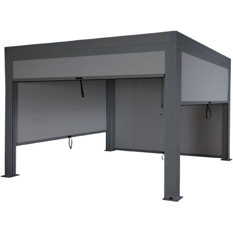 Pergola HHG-264 mit Seitenwand, Gartenpavillon Lamellen-Pavillon Rollo, 11cm-Alu-Gestell, sturmfest 3x4m anthrazit