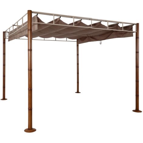Pergola HHG-765, Garten Pavillon Terrassenüberdachung, stabiles 7cm-Metall-Gestell 3x3m Bambus-Optik taupe-braun