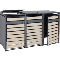 3er Mülltonnenverkleidung HHG-352, Mülltonnenbox, erweiterbar, Metall 82kg, anthrazit Buche-Holzoptik hellbraun