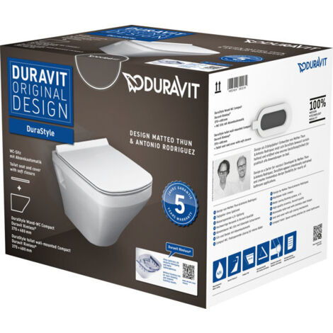 Duravit – Cuvette pour WC suspendu sans rebord – Dimensions 370 x 480 mm – Céramique sanitaire – Évacuation horizontale – Abattant SoftClose inclus